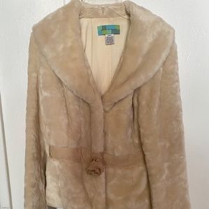 Cream colored faux fur jacket with grosgrain ribbon detail, size p (petite)